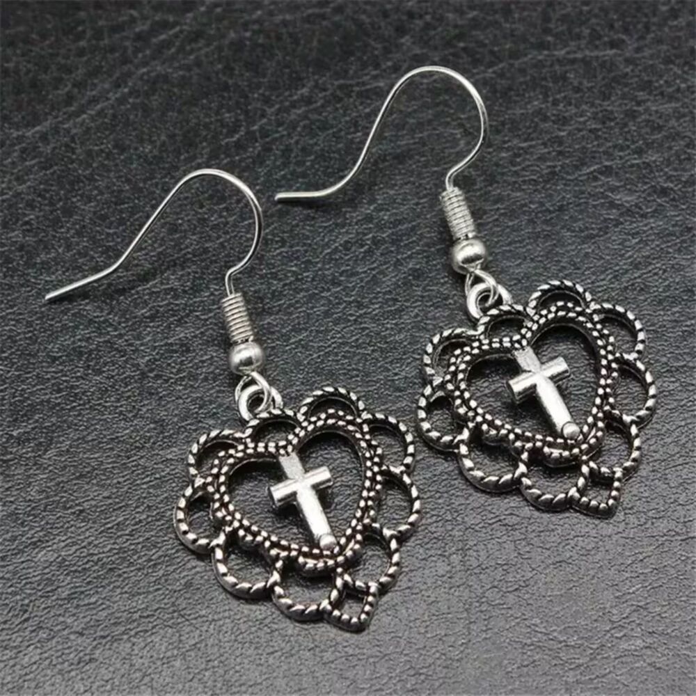 Silver Lace Open Heart Cross Dangle Earrings Drop Pendant Spiritual Religious